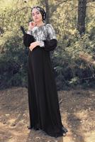 Tesettür giyim SİYAH PUL PAYETLİ KOLLARI BALON ABİYE ELBİSE 63393 