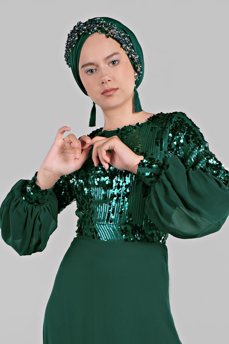 Hijab clothing GREEN Voluminous Sleeve Sequined Evening Dress T 63393 