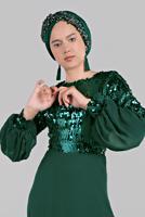 Tesettür giyim YEŞİL PUL PAYETLİ KOLLARI BALON ABİYE ELBİSE 63393 