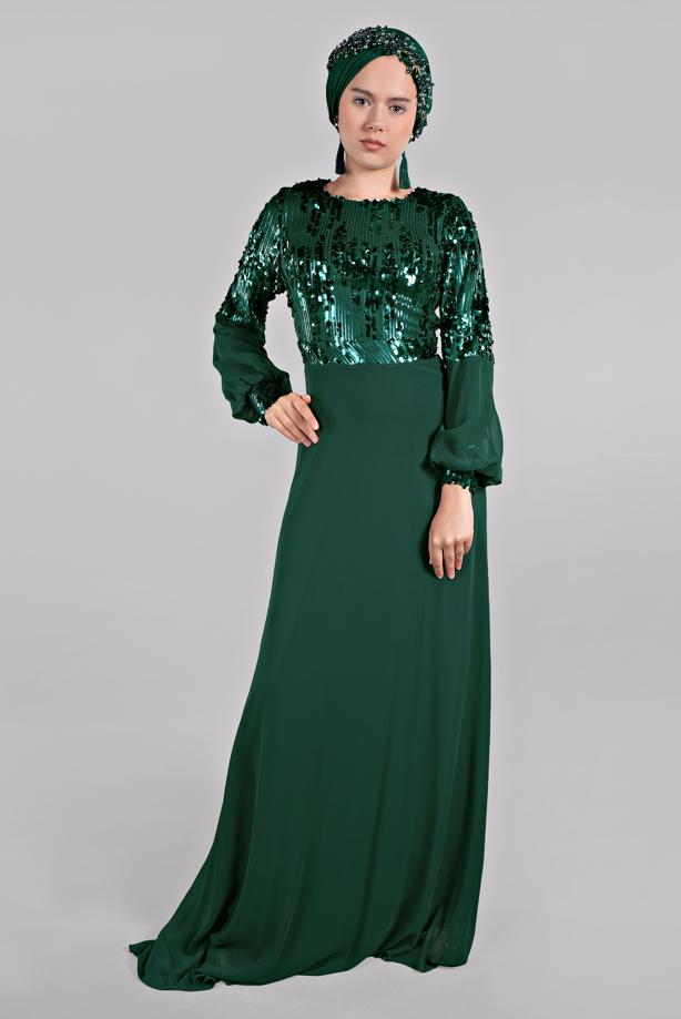 Hijab clothing  Voluminous Sleeve Sequined Evening Dress T 63393  - TRENDTESETTÜR