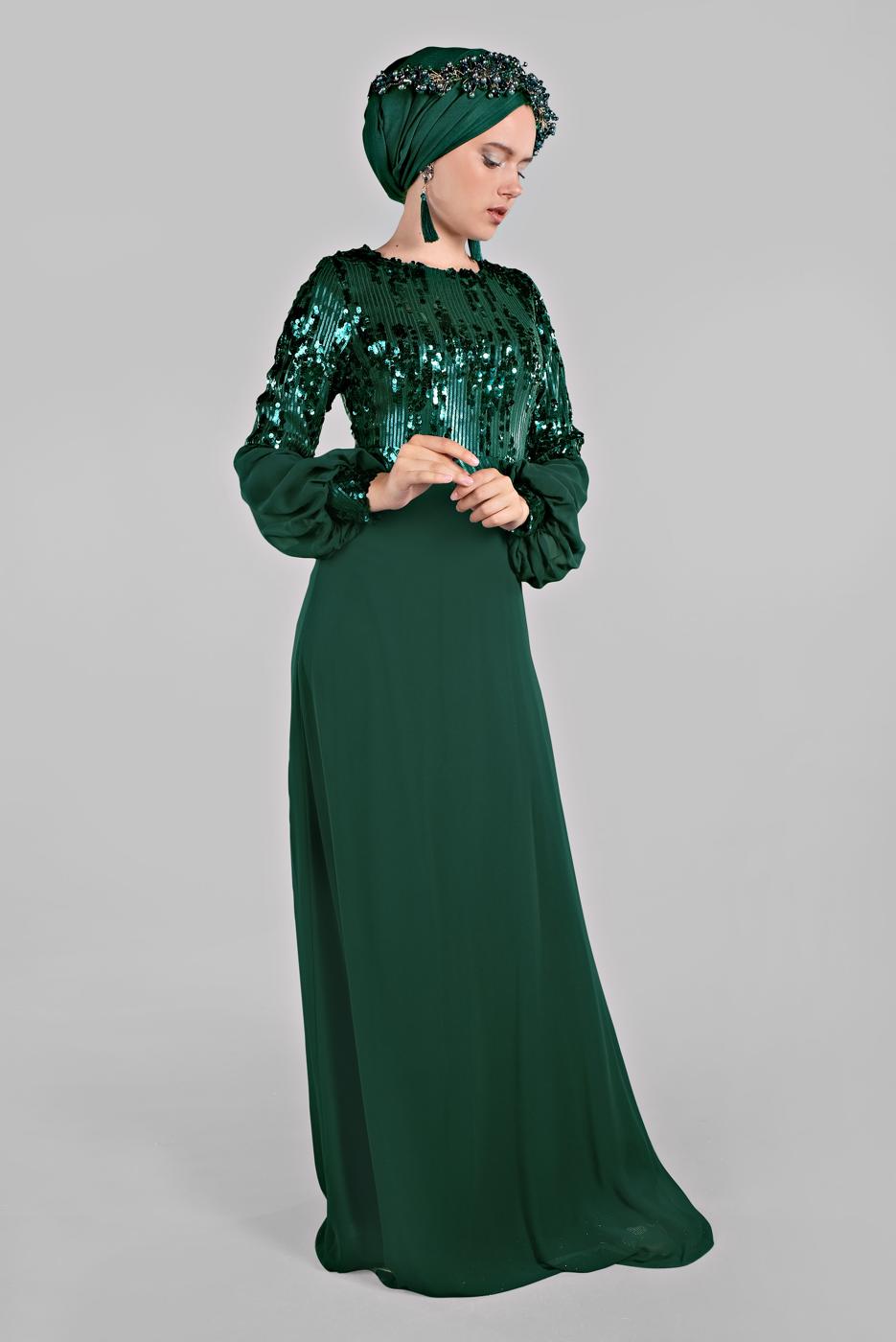 Hijab clothing GREEN Voluminous Sleeve Sequined Evening Dress T 63393 