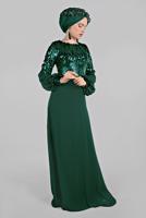 Hijab clothing GREEN Voluminous Sleeve Sequined Evening Dress T 63393 