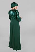 Hijab clothing GREEN Voluminous Sleeve Sequined Evening Dress T 63393 