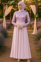 Tesettür giyim PUDRA PUL PAYETLİ ŞİFON ABİYE ELBİSE T 63706 