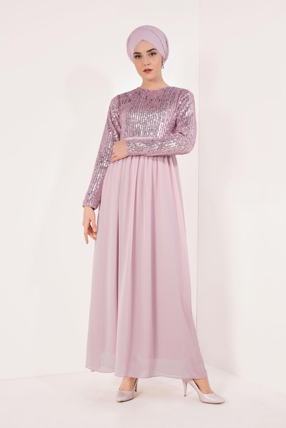 Tesettür giyim PUDRA PUL PAYETLİ ŞİFON ABİYE ELBİSE T 63706 