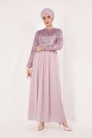 Tesettür giyim PUDRA PUL PAYETLİ ŞİFON ABİYE ELBİSE T 63706 