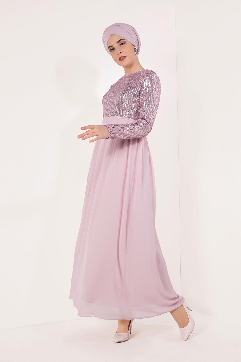 Tesettür giyim PUDRA PUL PAYETLİ ŞİFON ABİYE ELBİSE T 63706 