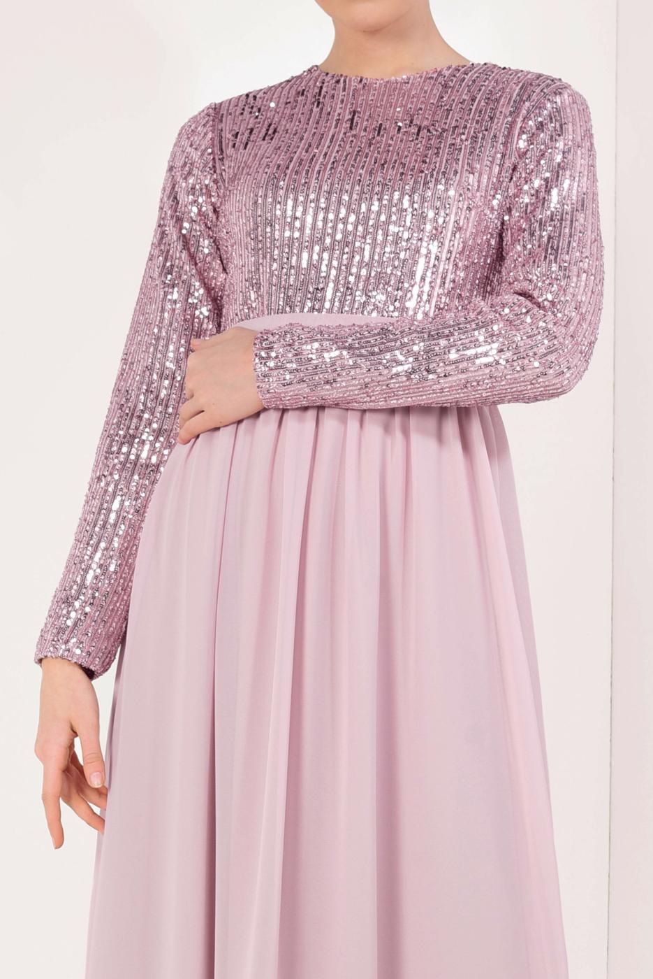Tesettür giyim PUDRA PUL PAYETLİ ŞİFON ABİYE ELBİSE T 63706 