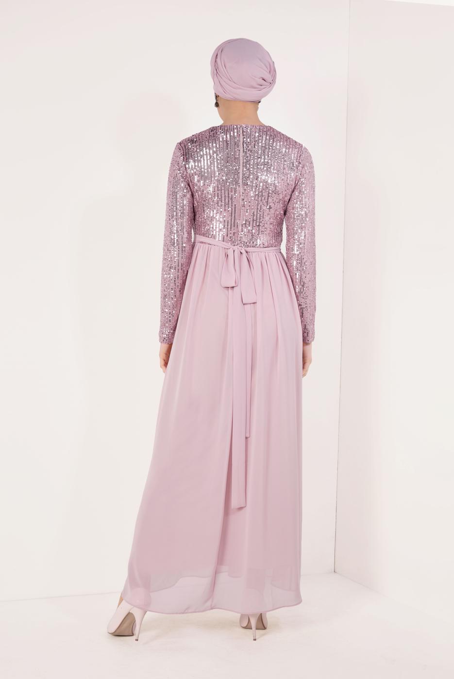 Tesettür giyim PUDRA PUL PAYETLİ ŞİFON ABİYE ELBİSE T 63706 
