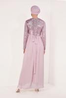 Tesettür giyim PUDRA PUL PAYETLİ ŞİFON ABİYE ELBİSE T 63706 