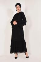 Tesettür giyim SİYAH KOLLARI VOLANLI DANTEL DETAYLI ABİYE ELBİSE T 73706