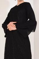 Tesettür giyim SİYAH KOLLARI VOLANLI DANTEL DETAYLI ABİYE ELBİSE T 73706