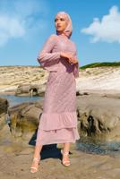 Tesettür giyim PUDRA KOLLARI VOLANLI DANTEL DETAYLI ABİYE ELBİSE T 73706