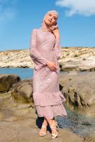 Tesettür giyim PUDRA KOLLARI VOLANLI DANTEL DETAYLI ABİYE ELBİSE T 73706