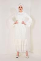 Tesettür giyim BEYAZ KOLLARI VOLANLI DANTEL DETAYLI ABİYE ELBİSE T 73706