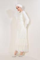 Tesettür giyim BEYAZ KOLLARI VOLANLI DANTEL DETAYLI ABİYE ELBİSE T 73706