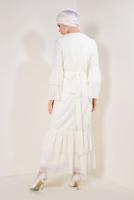 Tesettür giyim BEYAZ KOLLARI VOLANLI DANTEL DETAYLI ABİYE ELBİSE T 73706