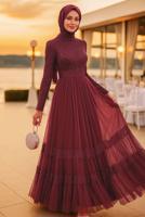 Hijab clothing CLARET RED Lace and Tulle Detailed Evening Dress T 75725 