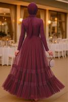 Hijab clothing CLARET RED Lace and Tulle Detailed Evening Dress T 75725 