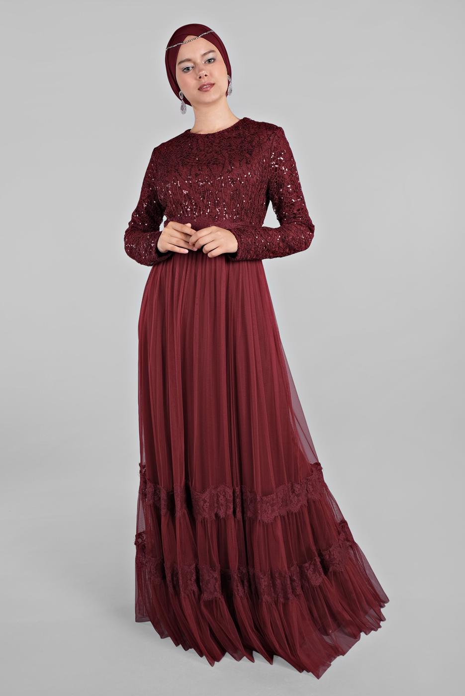 Hijab clothing CLARET RED Lace and Tulle Detailed Evening Dress T 75725 