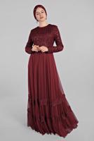Hijab clothing CLARET RED Lace and Tulle Detailed Evening Dress T 75725 
