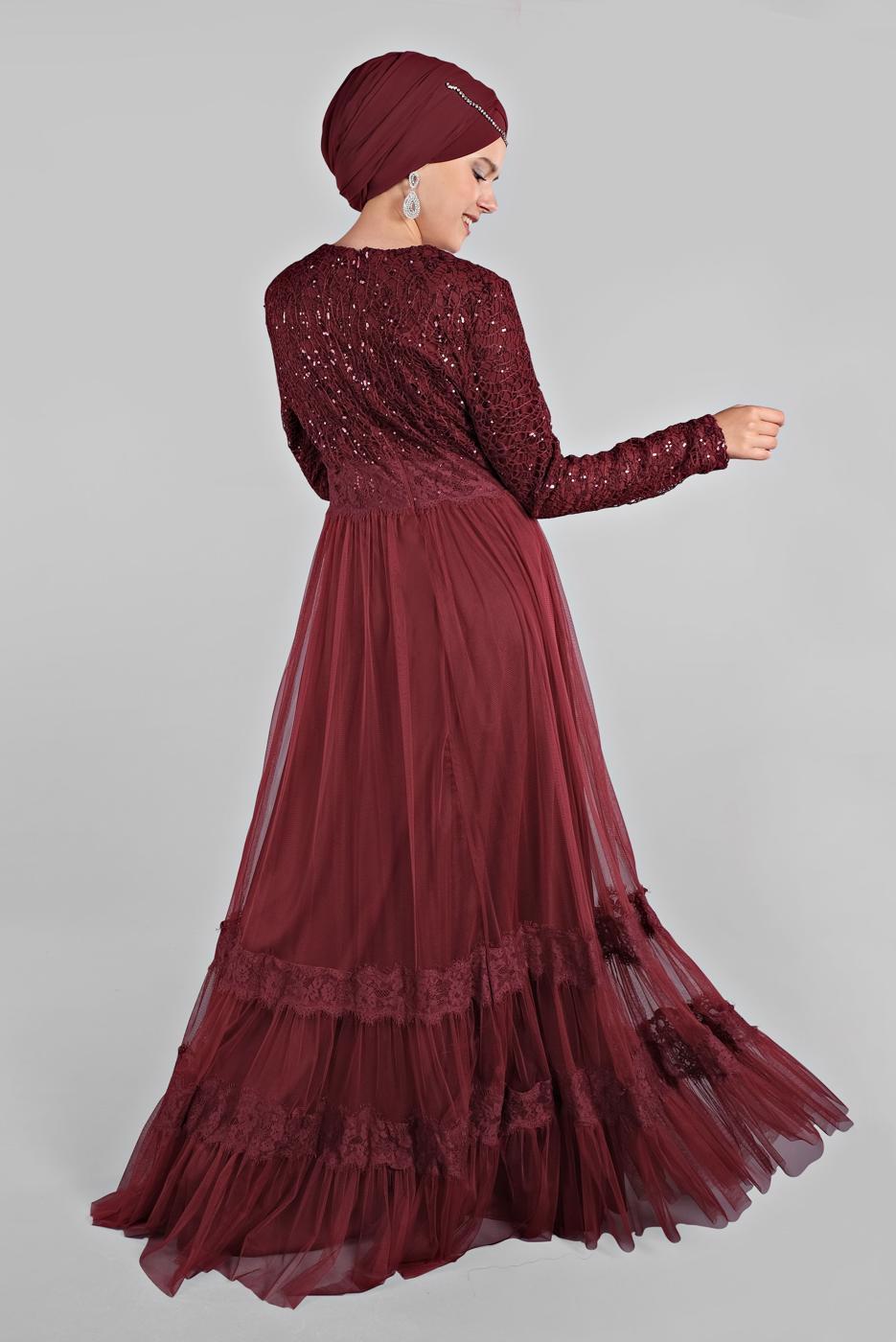 Hijab clothing CLARET RED Lace and Tulle Detailed Evening Dress T 75725 