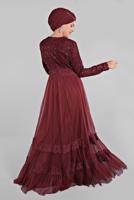 Hijab clothing CLARET RED Lace and Tulle Detailed Evening Dress T 75725 