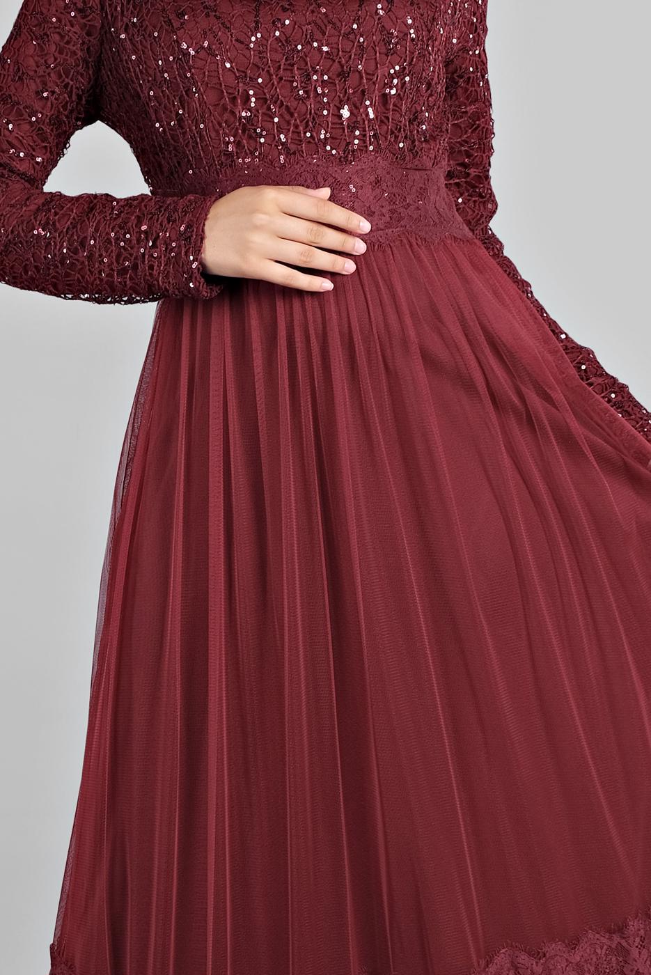 Hijab clothing CLARET RED Lace and Tulle Detailed Evening Dress T 75725 