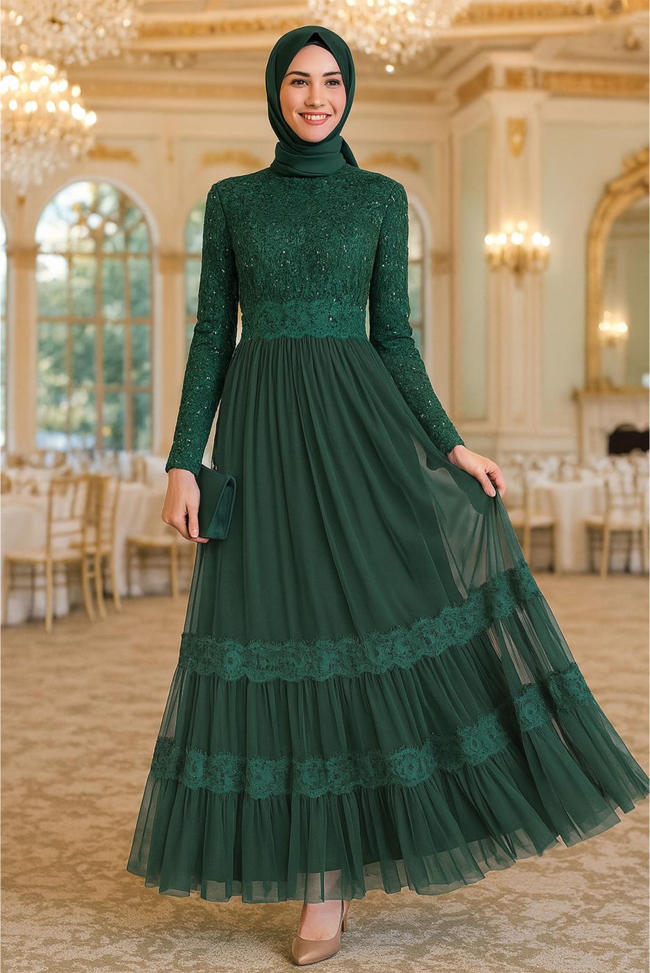 Hijab clothing GREEN Lace and Tulle Detailed Evening Dress T 75725 
