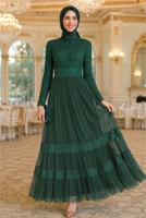 Hijab clothing GREEN Lace and Tulle Detailed Evening Dress T 75725 