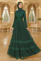 Hijab clothing GREEN Lace and Tulle Detailed Evening Dress T 75725 