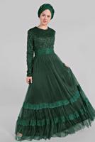 Hijab clothing GREEN Lace and Tulle Detailed Evening Dress T 75725 