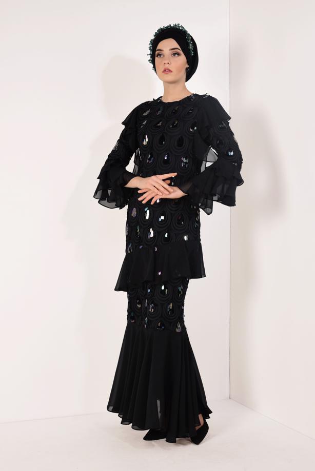 Vêtements hijab  Ruffled Sequin Evening Dress T 0851 - TRENDTESETTÜR