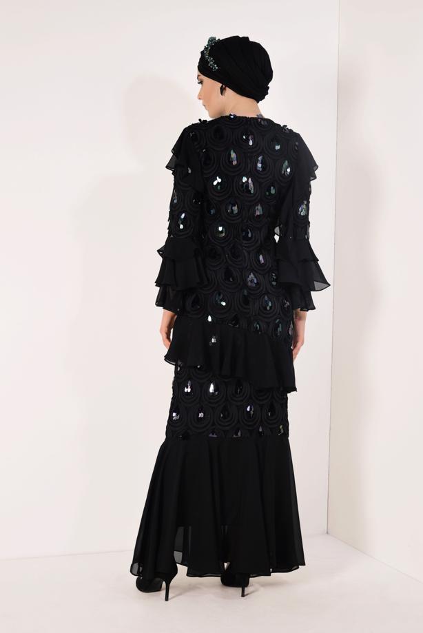 Vêtements hijab  Ruffled Sequin Evening Dress T 0851 - TRENDTESETTÜR
