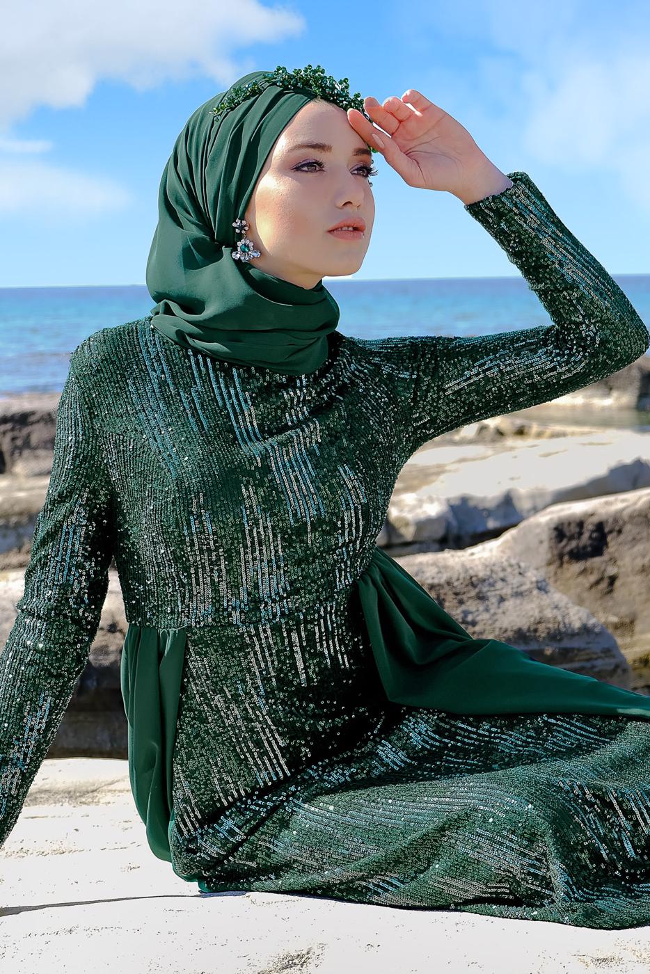 Tesettür giyim YEŞİL PELERİN GÖRÜNÜMLÜ ABİYE ELBİSE 0858