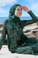 Tesettür giyim YEŞİL PELERİN GÖRÜNÜMLÜ ABİYE ELBİSE 0858