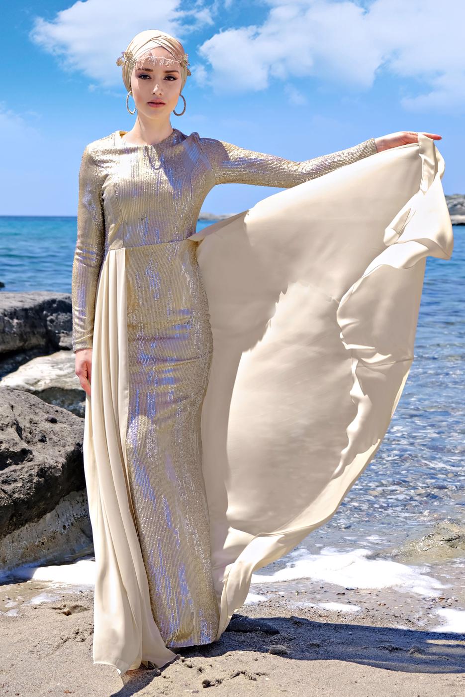 Tesettür giyim EKRU PELERİN GÖRÜNÜMLÜ ABİYE ELBİSE 0858