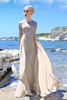 Tesettür giyim EKRU PELERİN GÖRÜNÜMLÜ ABİYE ELBİSE 0858