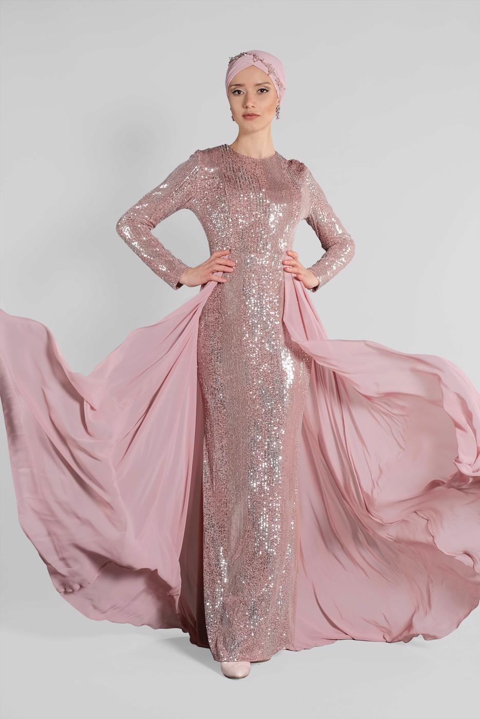 Tesettür giyim PUDRA PELERİN GÖRÜNÜMLÜ ABİYE ELBİSE 0858