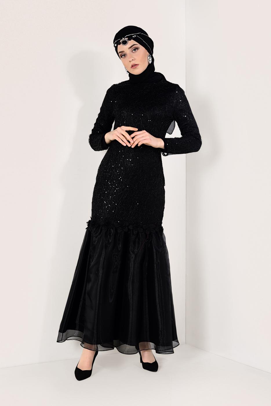 Hijab clothing BLACK Sequined Fish Evening Dress T 1451