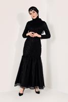 Hijab clothing BLACK Sequined Fish Evening Dress T 1451