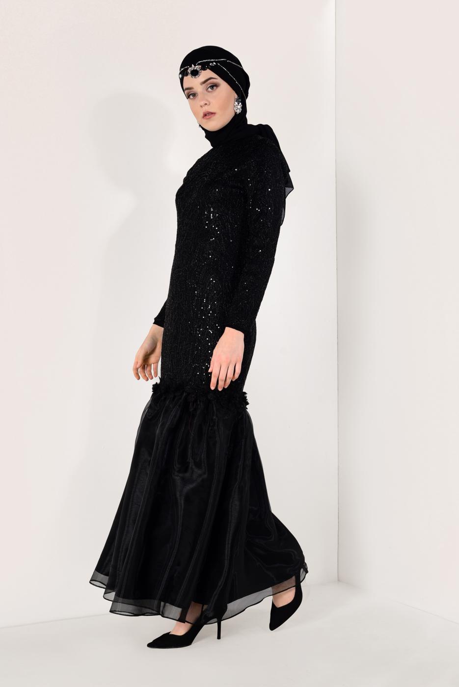 Hijab clothing BLACK Sequined Fish Evening Dress T 1451