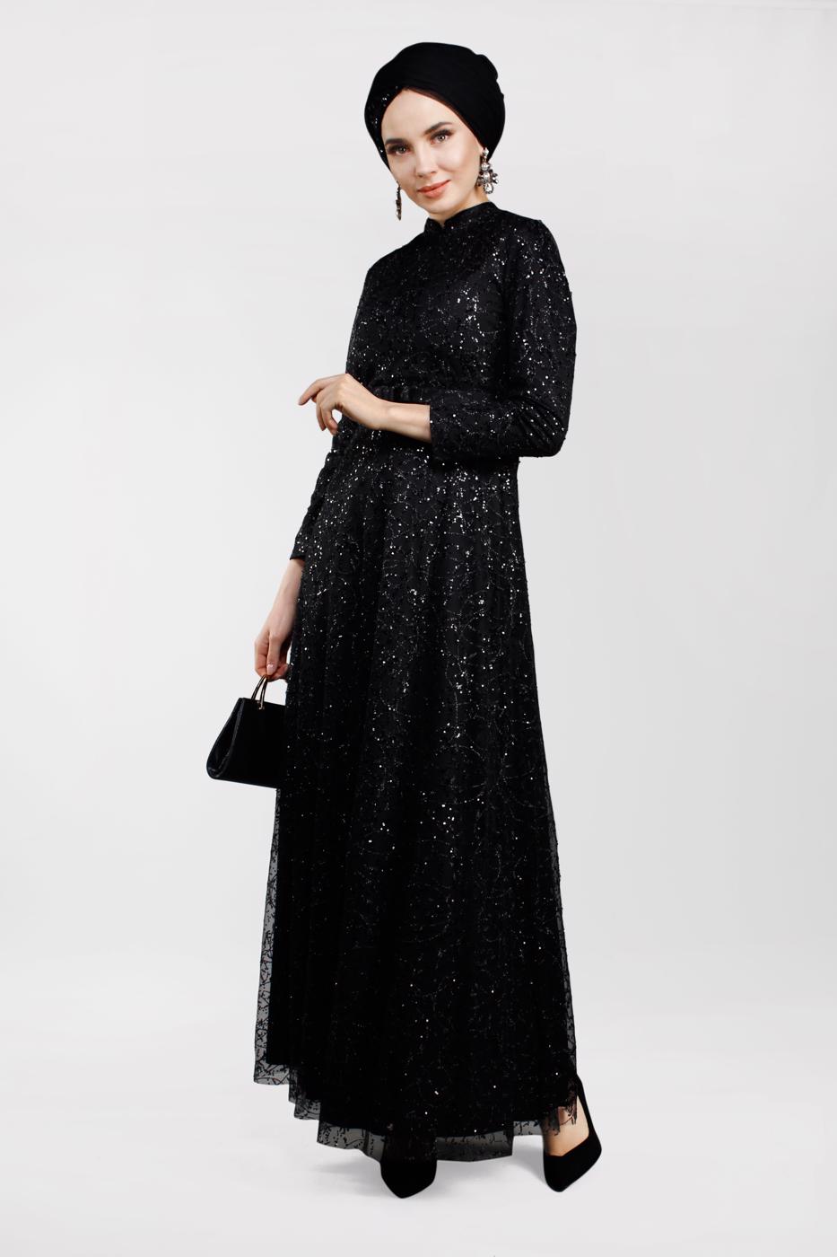 Tesettür giyim SİYAH SİMLİ ABİYE ELBİSE 1522