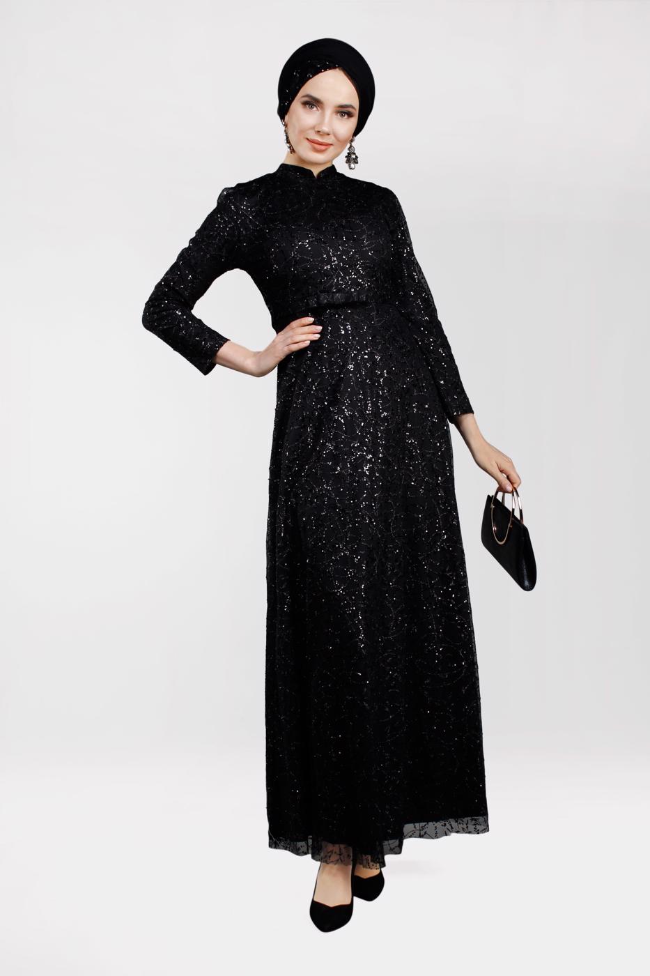 Tesettür giyim SİYAH SİMLİ ABİYE ELBİSE 1522