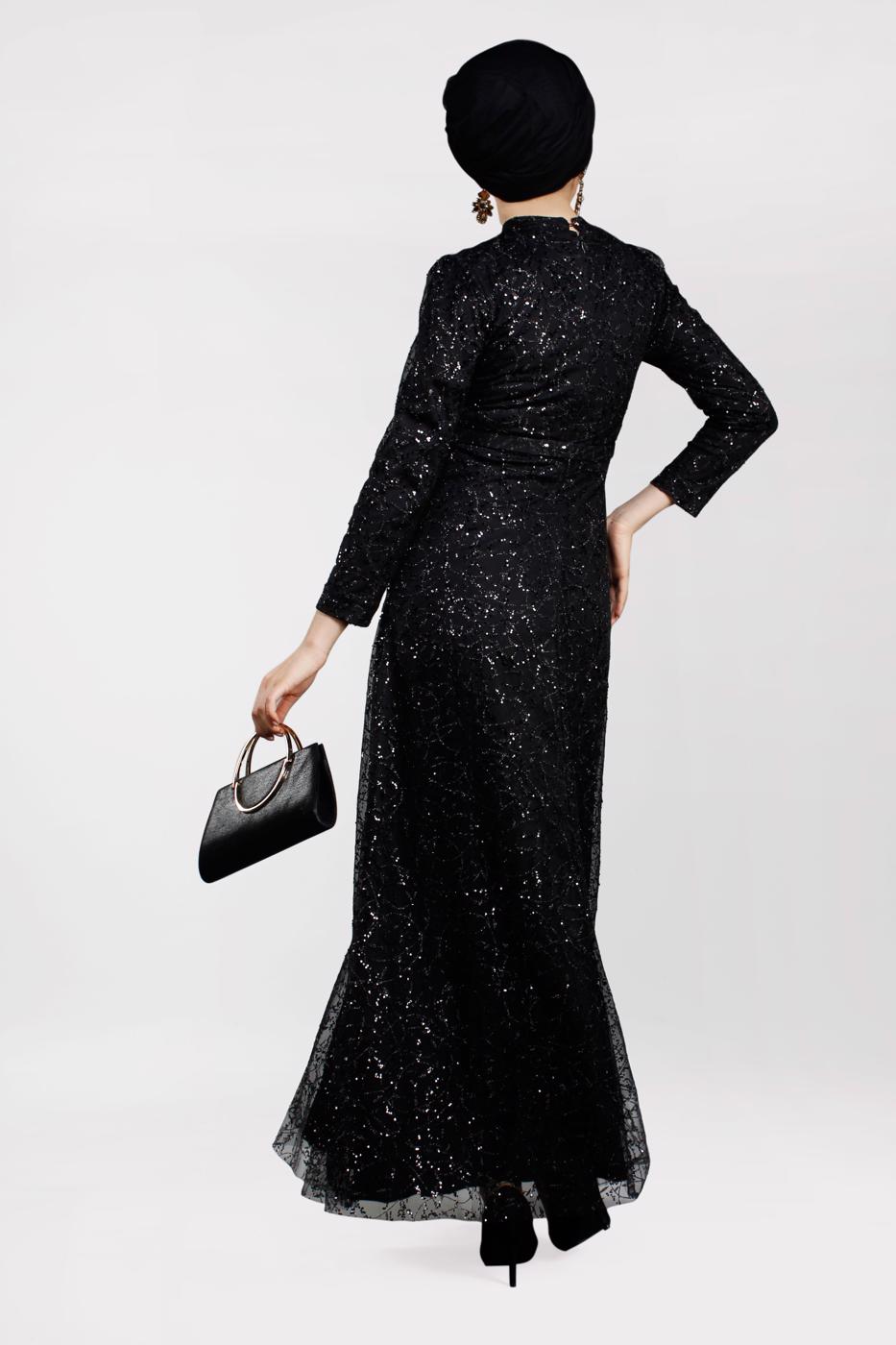 Tesettür giyim SİYAH SİMLİ ABİYE ELBİSE 1522