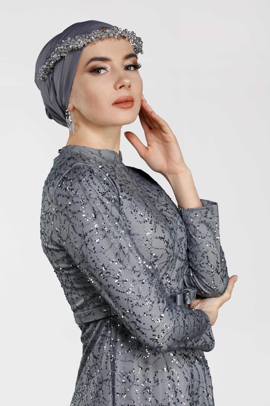 Tesettür giyim GRİ SİMLİ ABİYE ELBİSE 1522