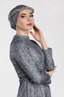 Tesettür giyim GRİ SİMLİ ABİYE ELBİSE 1522