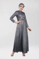 Tesettür giyim GRİ SİMLİ ABİYE ELBİSE 1522