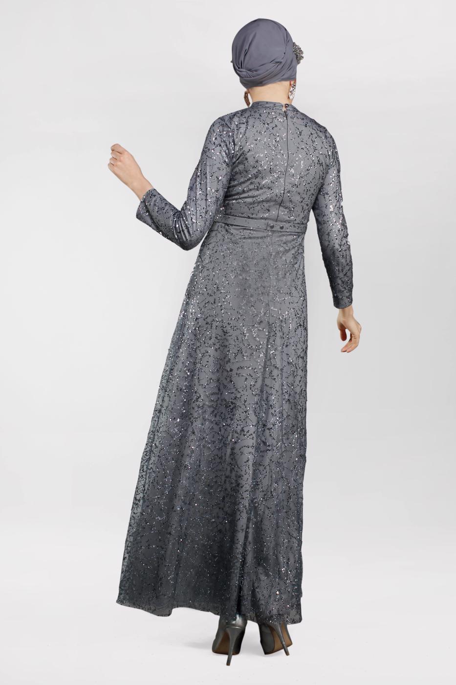 Tesettür giyim GRİ SİMLİ ABİYE ELBİSE 1522