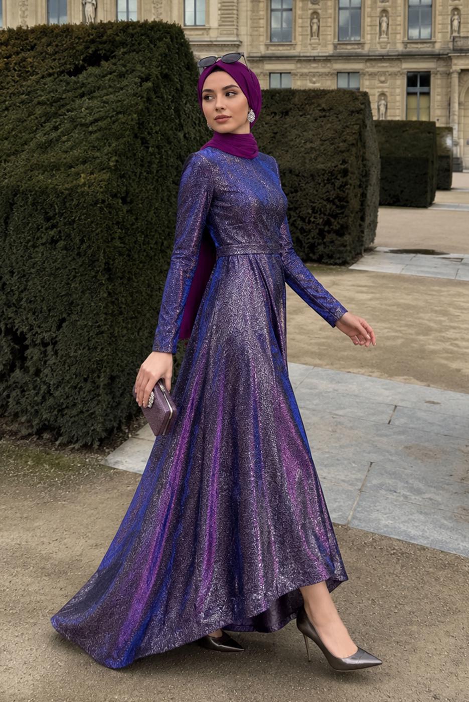 Hijab-Kleidung LILA GLITZER ABENDKLEID T 1851